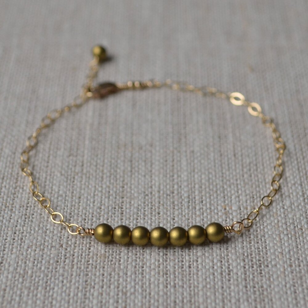 Olive Green Glass Beaded Bracelet with Gold Filled Chain